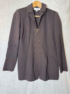 St. John Collection Chocolate Brown Knit Zip Blazer with Gold Buttons and skirt